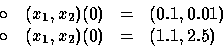 \begin{displaymath}
\begin{array}
{rcl}
\circ \quad (x_1,x_2)(0) &=& (0.1, 0.01) \\ \circ \quad (x_1,x_2)(0) &=& (1.1, 2.5) \end{array}\end{displaymath}